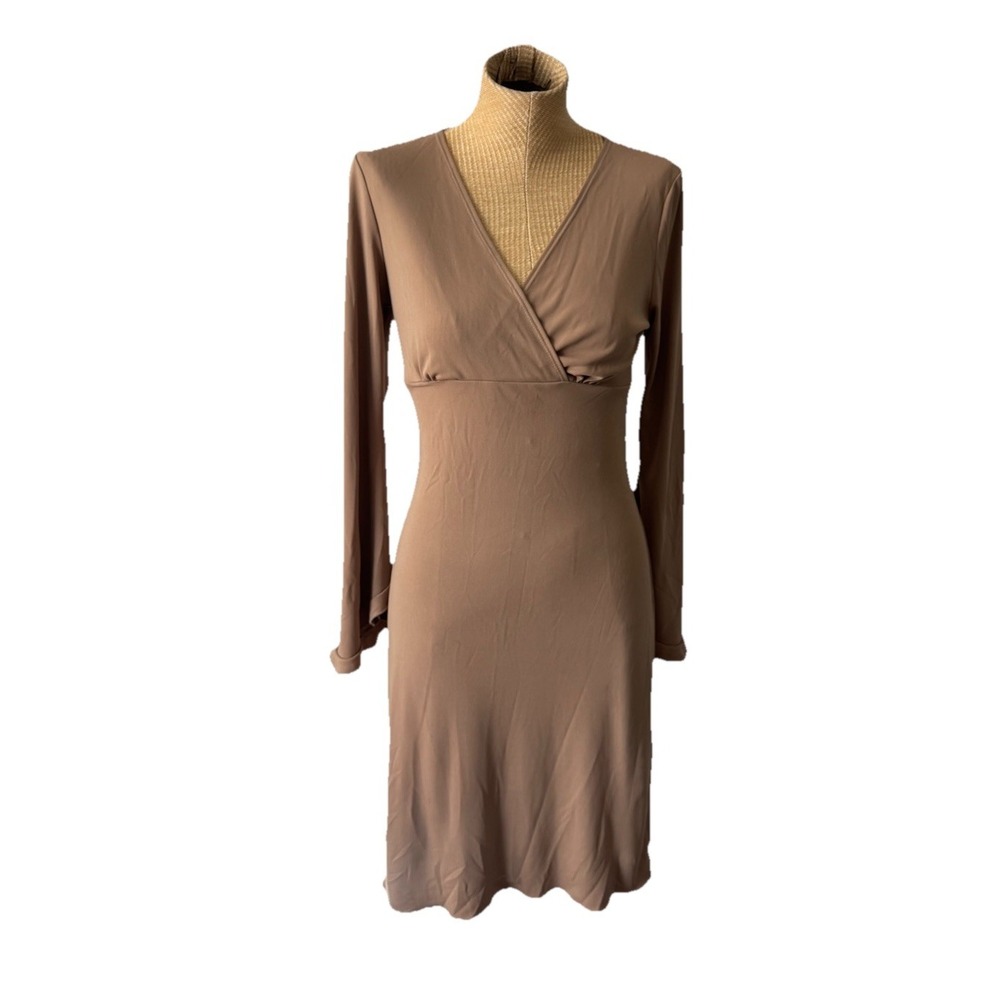 VTG S fuzi 90s y2k Tan Brown Polyester Dress Bell Sleeves Medium NWT Boho Witchy
